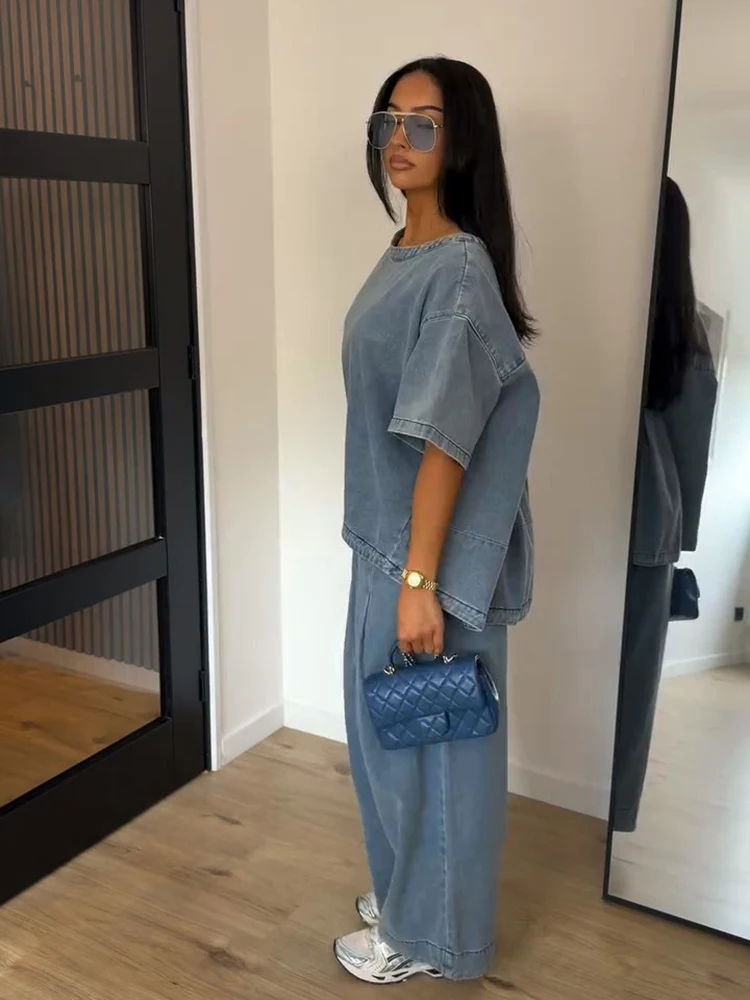 Denim-Übergrößen-Oberteil und Hosen-Set für Damen, Street-Style O-Ausschnitt Kurzarm mit Unregelmäßigem Saum, Lockere Oberteile und Weite Hosen, Schicke Damen-Outfits – Detail 14