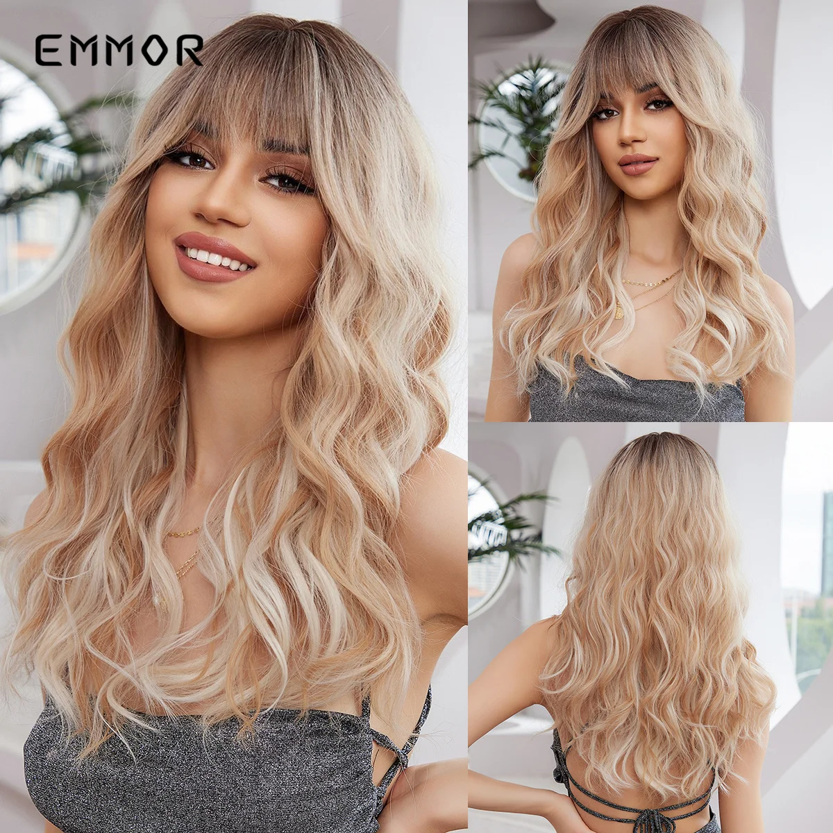 Emmor Long Wavy Blonde Synthetic Wigs Ombre Brown Daily Natural Hair Wigs With Bangs Cosplay Party for Women Heat Resistant Hair