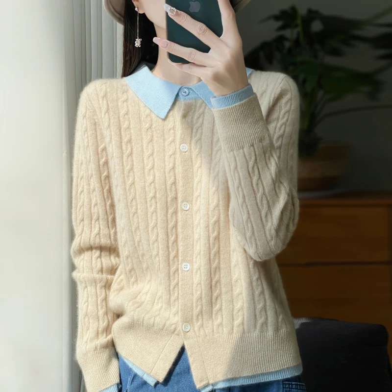 100% merino wool women\'s cardigan polo neck color matching fake two piece twisted loose fashion knit bottoming long sleeve top