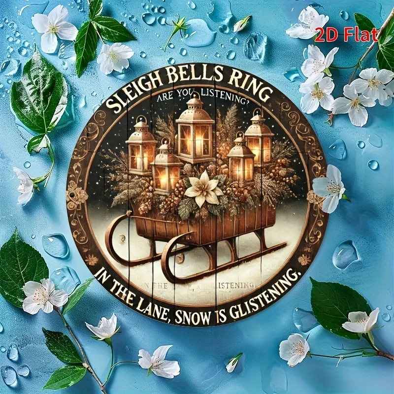 [مسطح [مسطح] قطعة واحدة من لافتة الحائط المعدنية الحديدية المستديرة - إكليل عيد الميلاد العتيق مع رجل الثلج والأجراس وفروع الصنوبر - متين للاستخدام الداخلي/الخارجي