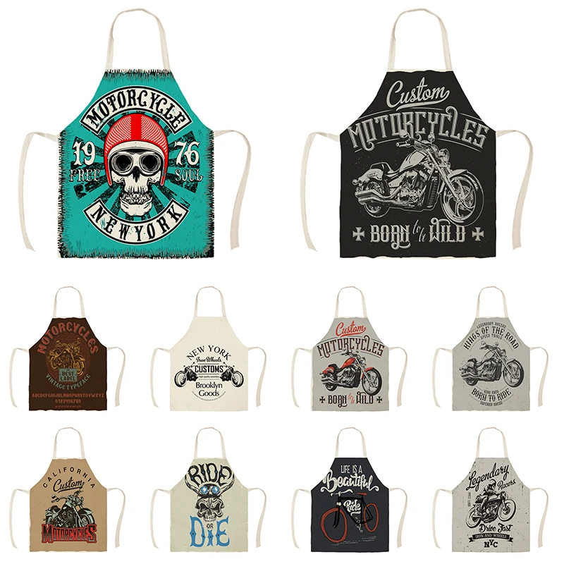 Cartoon Vintage Motorcycle Pattern Linen Adult Childs Sleeveless Apron Kitchen Cooking Accessories Home Cleaning Tools