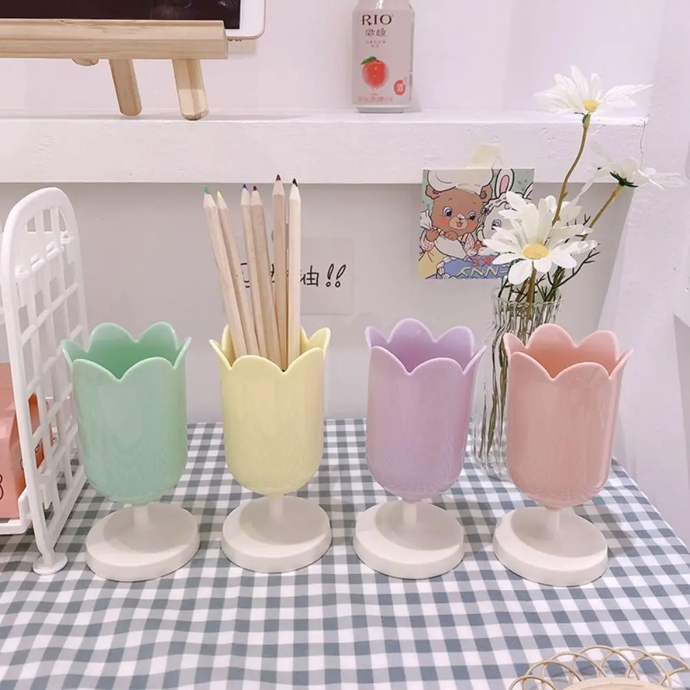 Multi-functional Plastic Pen Holder Tulips Shape Desktop Organizer Makeup Brush Holder Storage Bucket School Office