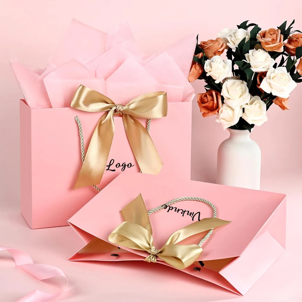 

Подарочные пакеты с персонализированным логотипом, 50 шт., бумажная сумка-тоут с ручками, органайзер с бантом и лентой, мешок для дня рождения, детского душа, свадьбы