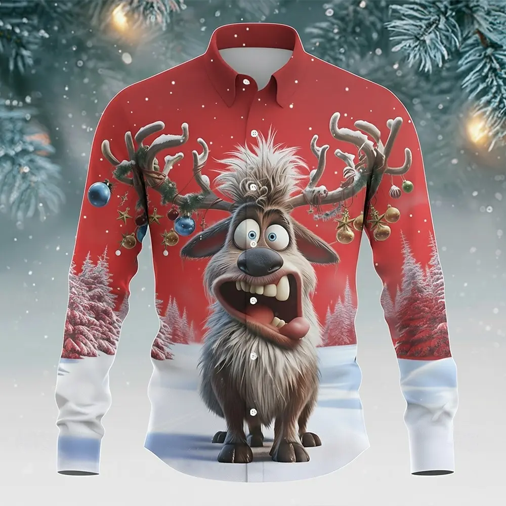Abstract Cartoon Elk Graphic Men's Shirts Christmas Theme Creative Design Long Sleeve Shirt Autumn Winter Outdoor Casual Clothes