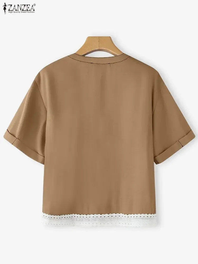 2025 ZANZEA Camicie da donna estive Moda manica corta in pizzo Patchwork Camicetta Bottoni eleganti Tunica allentata casual Top Blusa vintage
