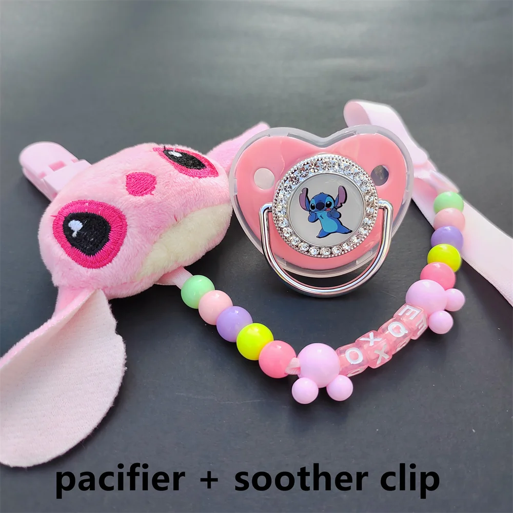 [2Pcs] Disney Plush Pink Stitch Doll Kawaii Toy New Soothe Pacifiers for Babies Personalized Bead Pacifier Clip Gifts Hot Sale