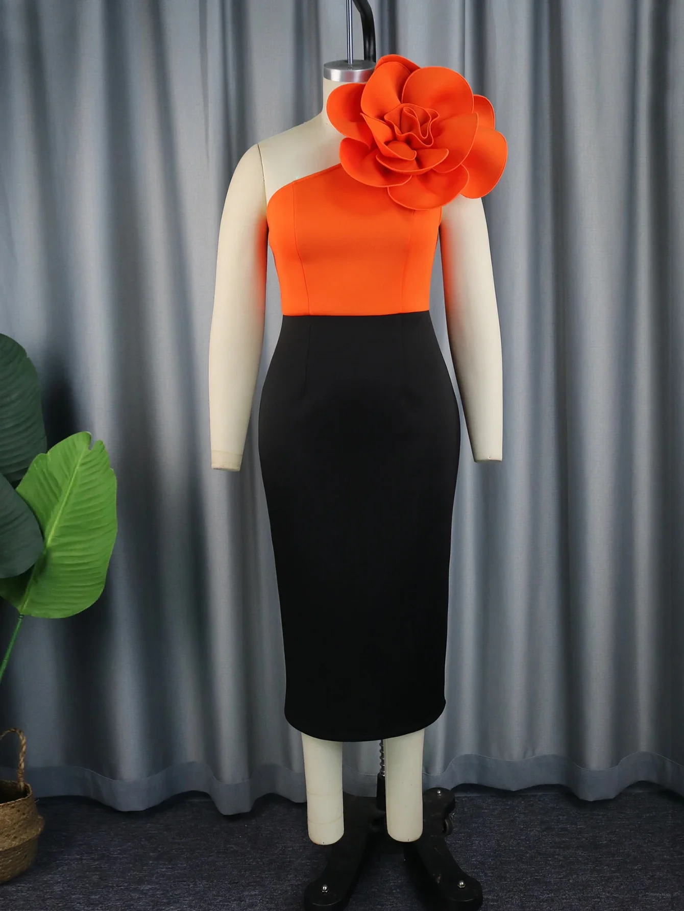 Women Orange Party Dresses Plus Size 3XL 4XL Flower One Shoulder Empire Cocktail Club Party Midi Gowns Patchwork Bodycon Outfits