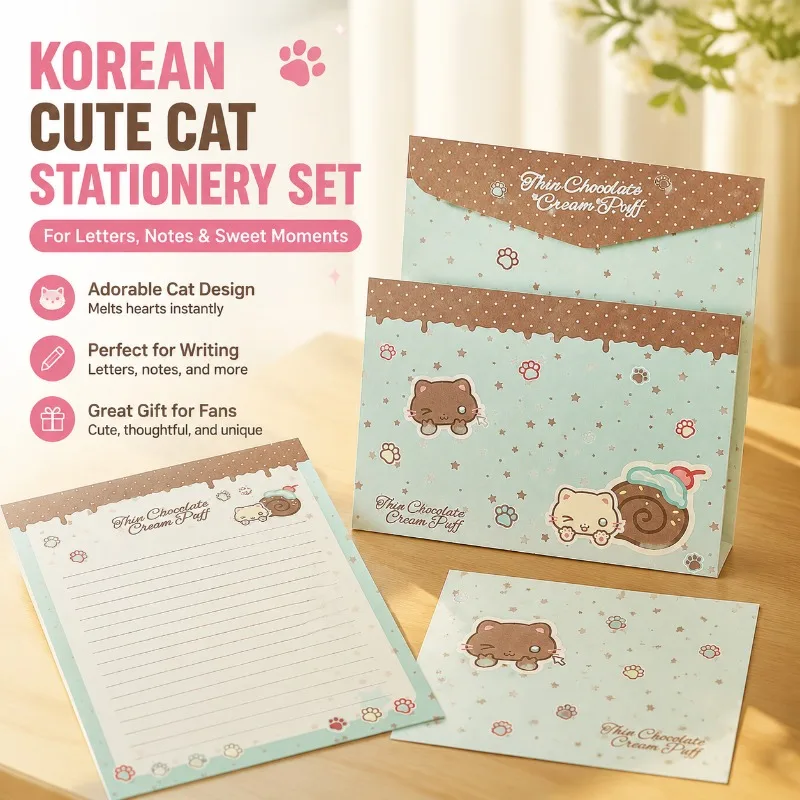 Korean‑style Slim Cat Stationery Set Sweet‑theme Soft‑kitten Envelopes Elegant Hand‑writing Message Cards Star‑umbrella Letter