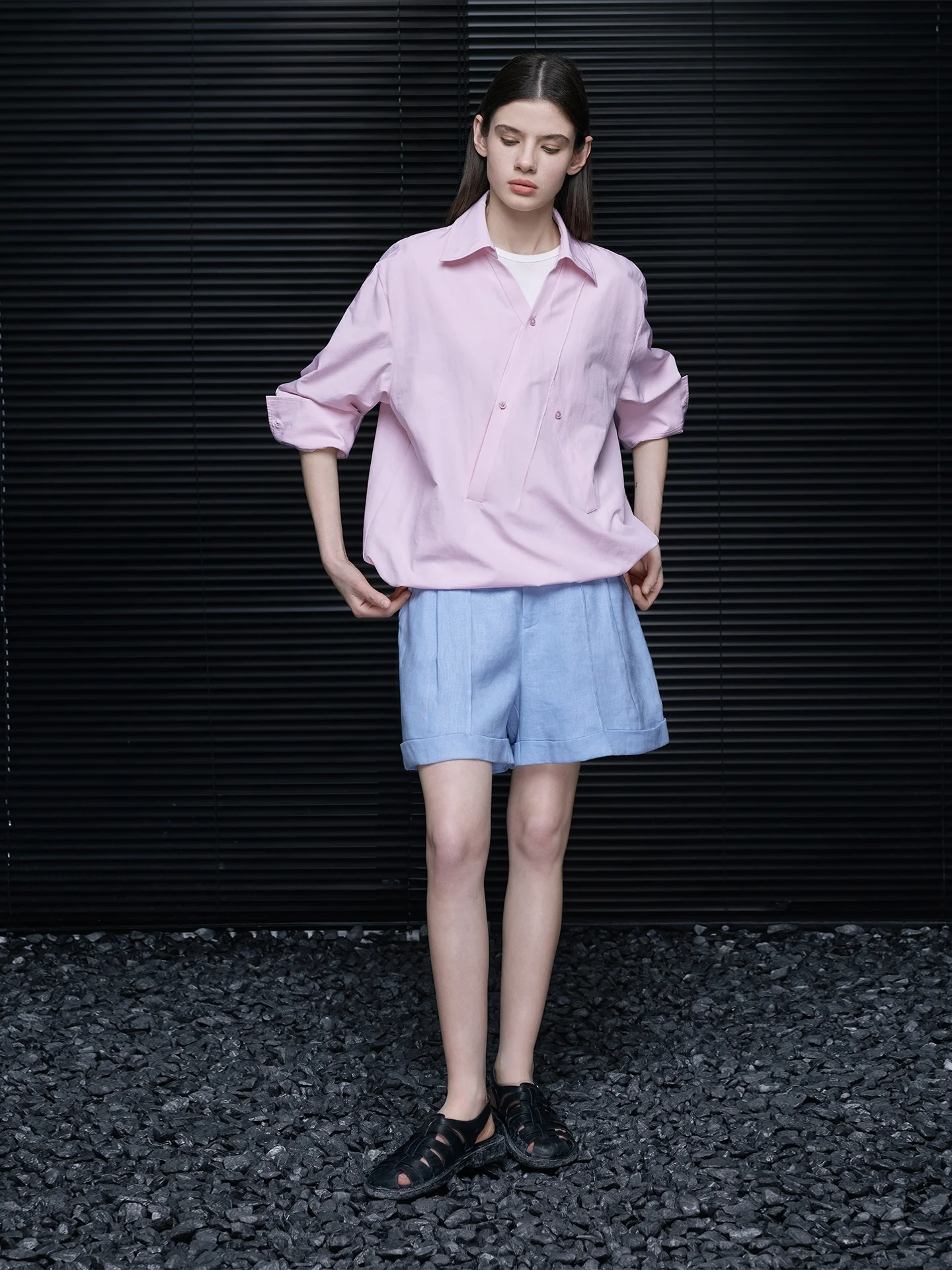 

Chic Collared Pullover irt Women's Spring New Sle Asymmetrical Design Street Sle Loose Fit Long Sve Cotton Polyester