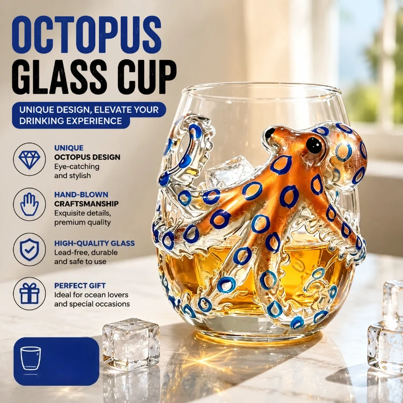 Octopus Shaped Whiskey Glass, Deep Sea Cocktail Tumbler, Kraken Rum Wine Glass for Bar Home