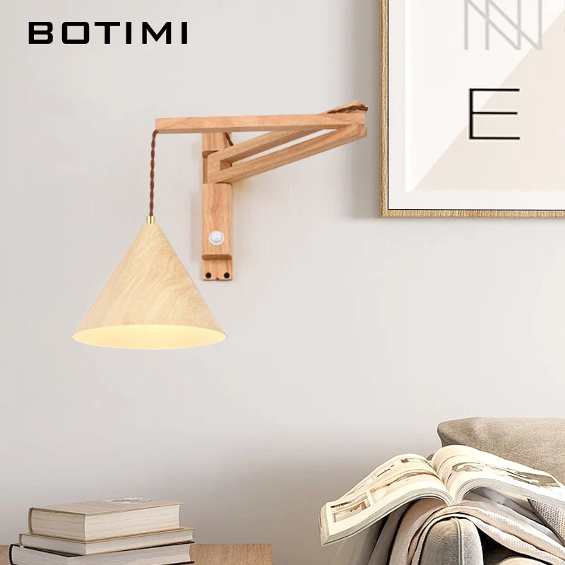 

BOTIMI Bedroom Bedside Wall Lamp With Button Switch Nordic Wooden Base Swing Iron Lampshade Reading Luminaires Wall Sconce