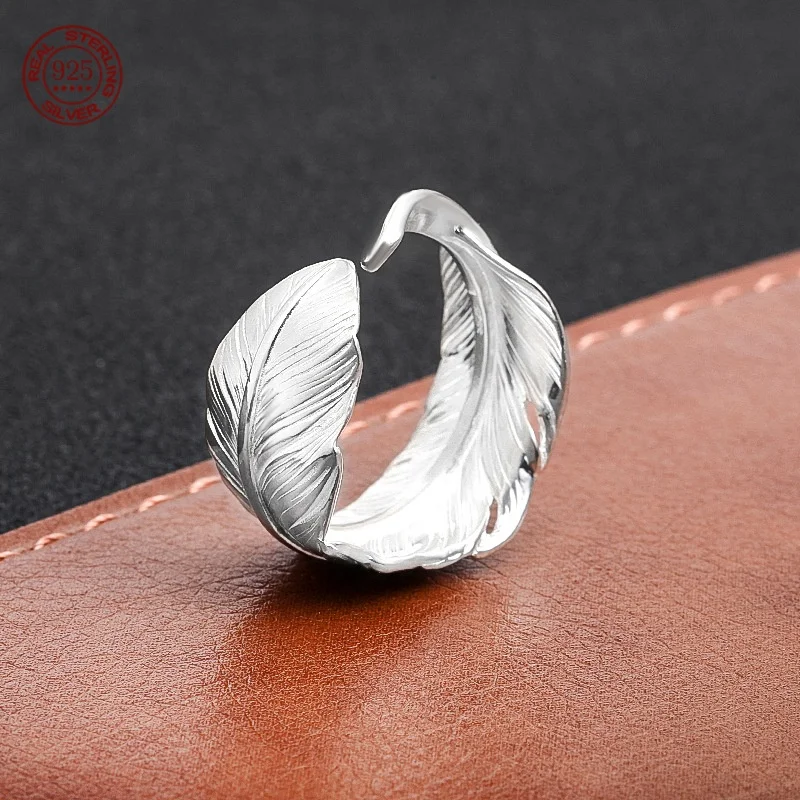 100% pure silver S925 simple silver feather ring for men and women trendy personality punk open ring factory direct sales