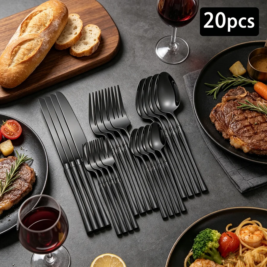 20 Piece Stainless Steel Slim Tableware Set, Black and Silver Color Matching Tableware Set, with a Matte Finish, Can Be Washed I