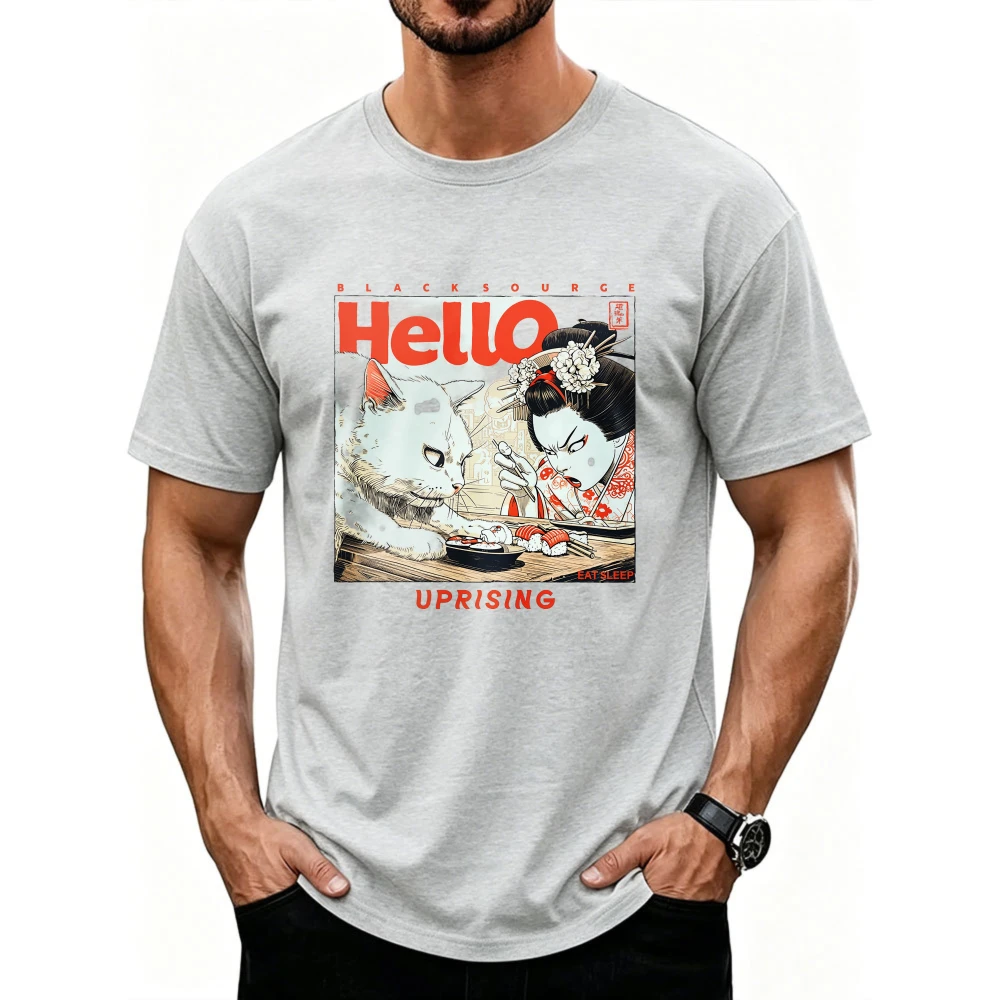 Japanese Ukiyo-e Geisha and White Cat Eating Sushi Graphic Cotton T Shirt Hello Uprising Vintage for Men Women Daily Casual Tops