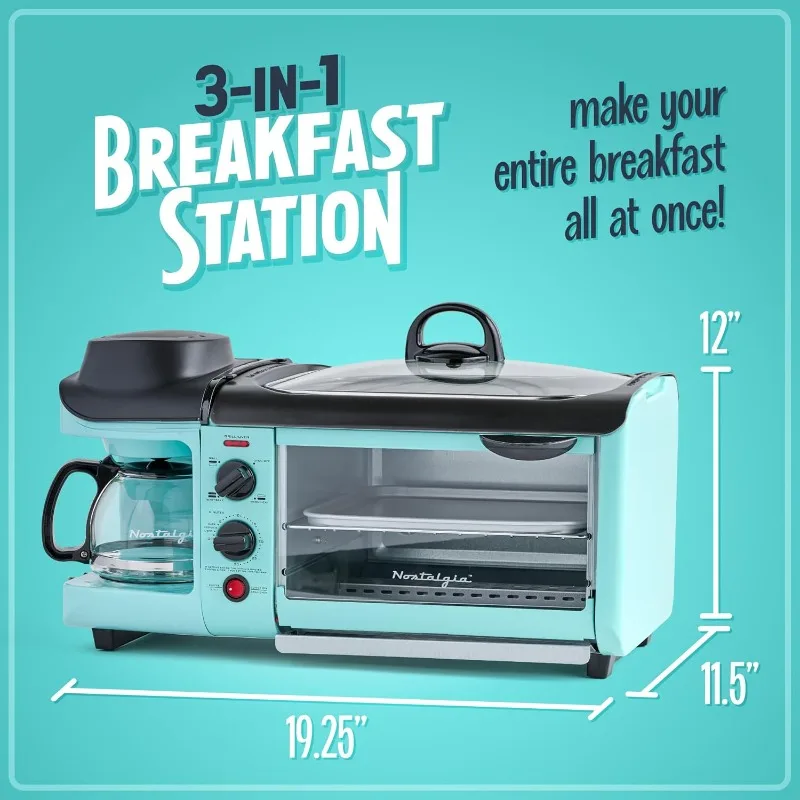 3-in-1 Breakfast Station -Non-Stick Griddle, and 4-Slice Toaster Oven - Versatile Breakfast Maker with Timer - Aqua