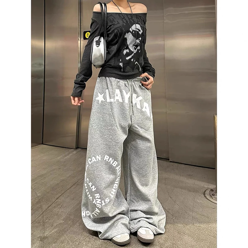 กางเกงวอร์มพิมพ์ลายดาวสีเทาสำหรับผู้หญิง ยี่ห้อ ZHIZOU ทรงหลวม สไตล์ฮาราจูกุ ยุค 2000 วินเทจ Y2k ขาบานทรงโอเวอร์ไซส์