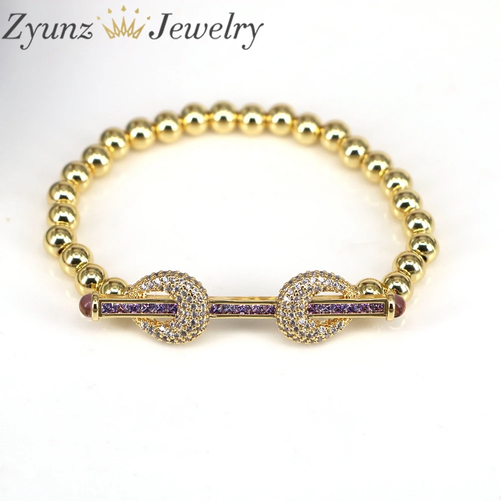 5PCS, Gold plated Beaded Bracelets for Women Charm Zircon Connector Statement Bracelets Bangles Handmade Elastic Hand Jewelry