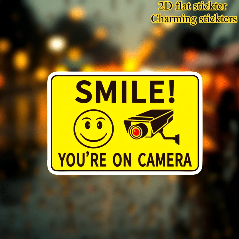 2D Flat Smile You're On Camera CCTV Warning Matte Vinyl Sticker For Home Business Window Wall Car Decor