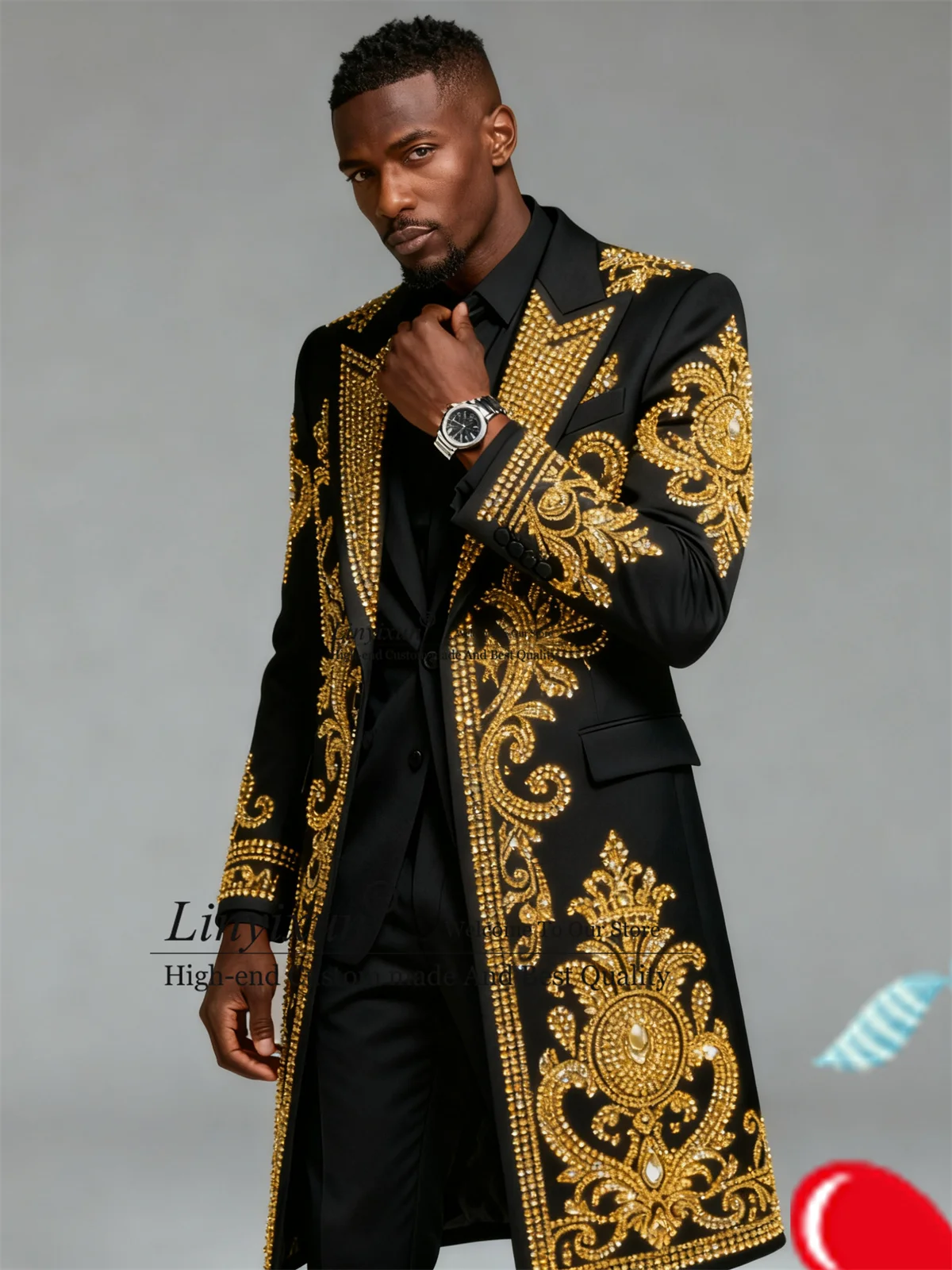 

Красивое длинное пальто, мужские костюмы, комплекты из 3 предметов, жених, свадебная вечеринка, Ropa, пиджак, индивидуальный каменный смокинг со стразами, костюм Homme