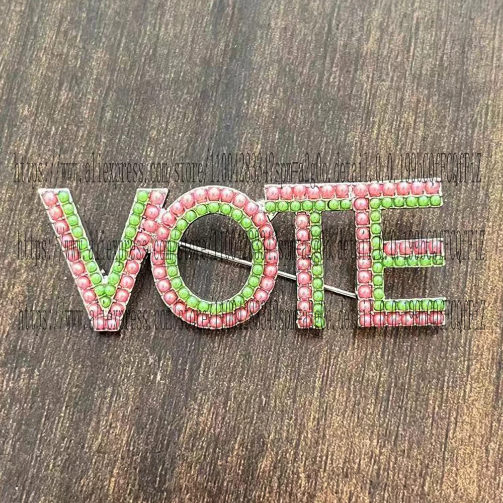 pink green VOTE brooch