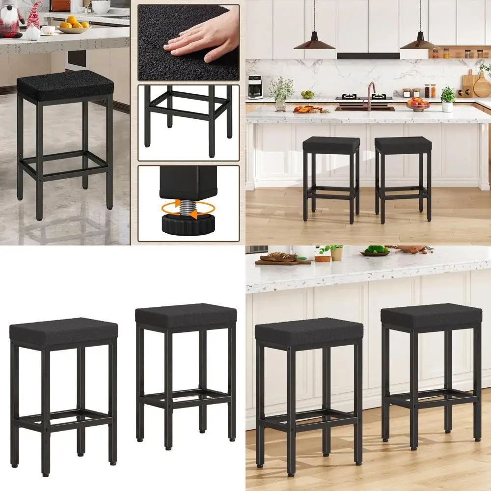 Pair of 26 Black Modern Counter Height Bar Stools with Metal Legs for Kitchen Island and Living Room
