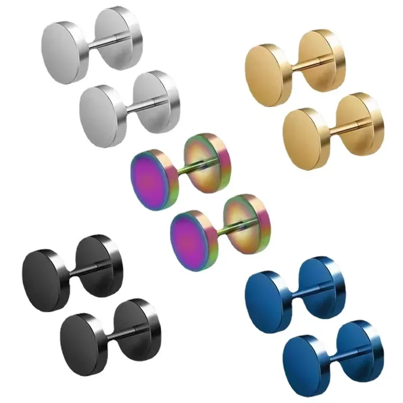 

New Popular Titanium Steel Barbell Earrings Studs Hip Hop Rock Round Dumbbell Screw Earrings for Men Women Sport Jewelry Gift