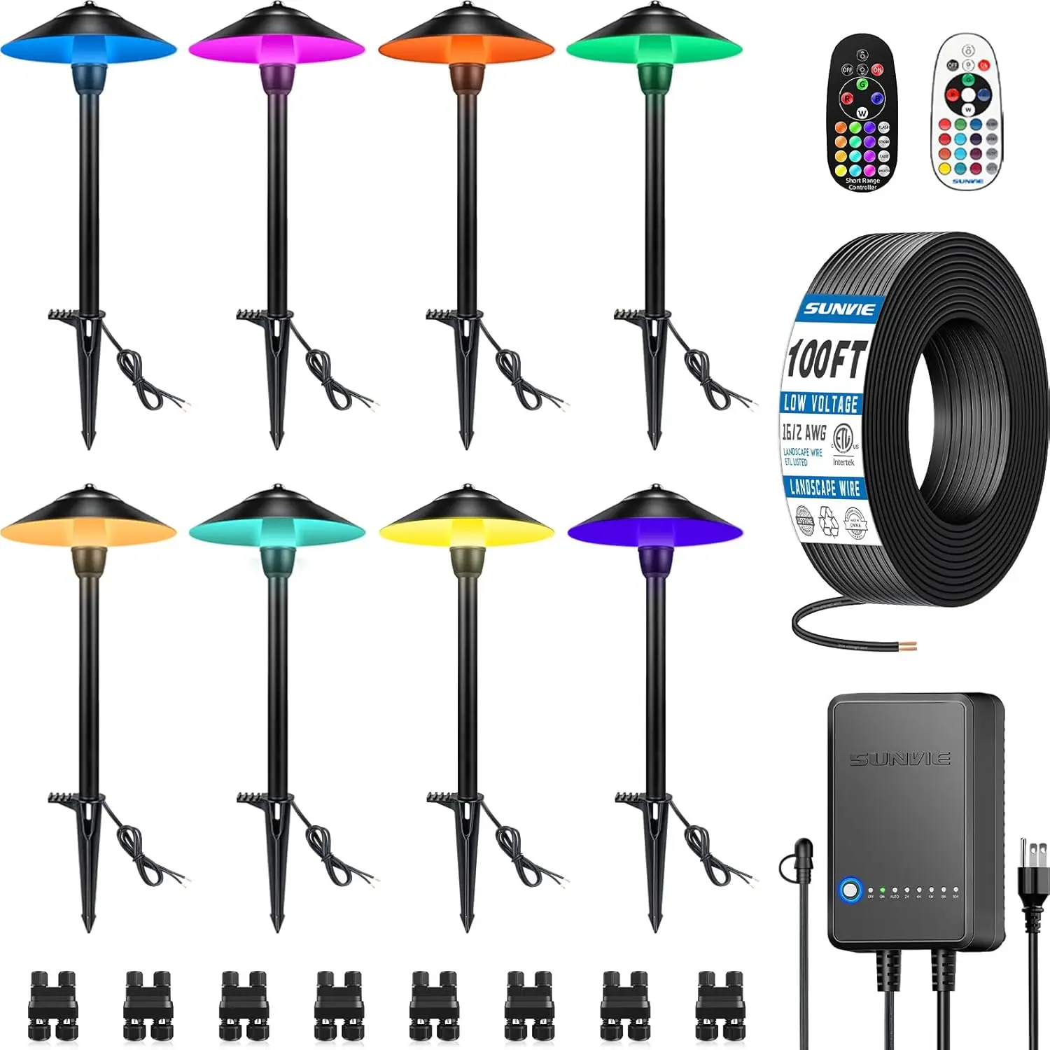 Landscape Lighting Kit, 8 Pack Color Changing Low Voltage Landscape Lights with Connector Transformer 100FT Wire, 3W Multi-Color