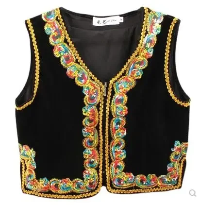 Chińska cekinowa kamizelka do tańca Xinjiang damska elegancka złota aksamitna Uygurs nowość