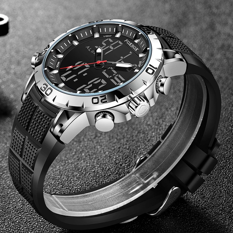 FOXBOX sports luxury men\'s watch brand dual display quartz watch Gift for men military waterproof clock digital electronic watch