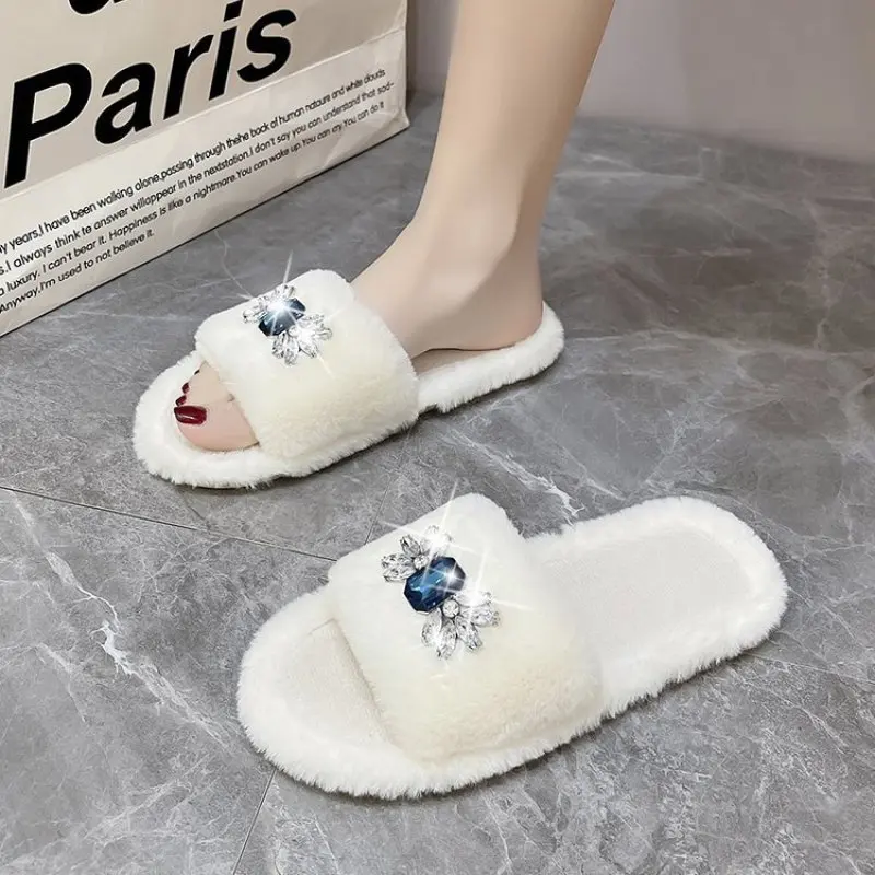 

Women Winter Fashion Soft Warm New Comfort Flat Fur Slipper Outside Fluffy Slippers Indoor Soft Plush Shoe Women luxury Slippers