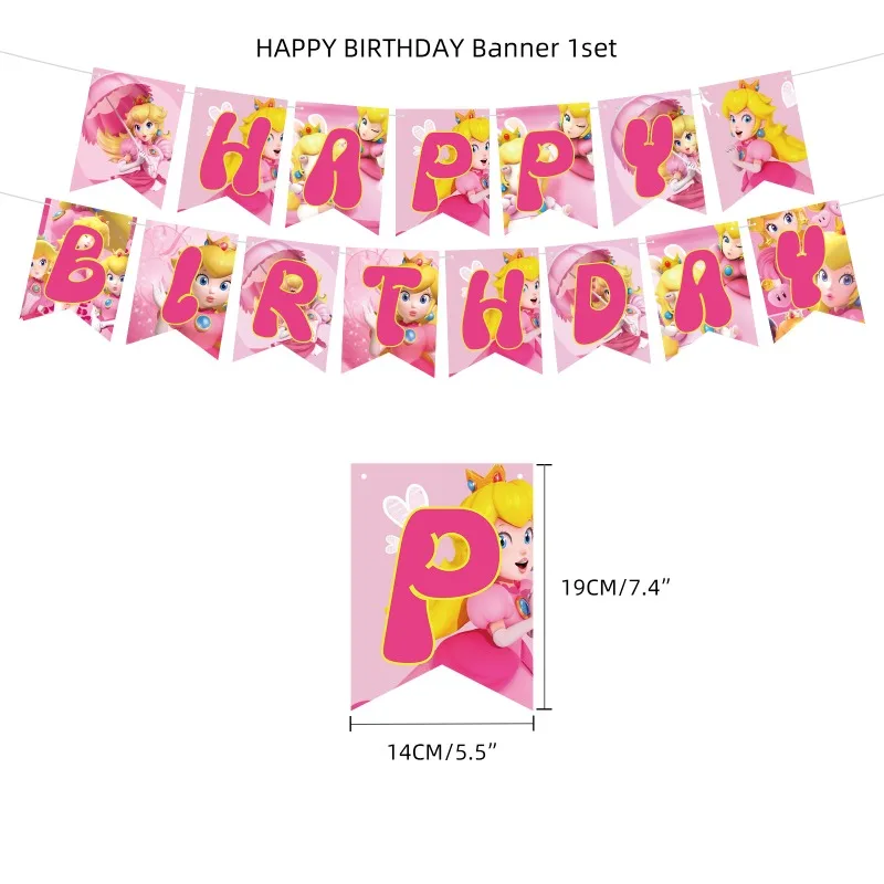 مجموعة زينة حفلات الأميرة الخوخية من Super Marios Bros، بالونات عيد الميلاد، لافتة علم الكيك، بدلة لوازم حفلات استحمام الطفل