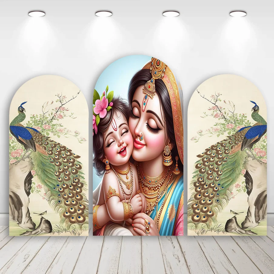 Mehofond Custom 2-Sided Yasodha and Krishna Peacock Boys Birthday Party Baby Shower Cover Chiara Arch Background Decor Backdrop
