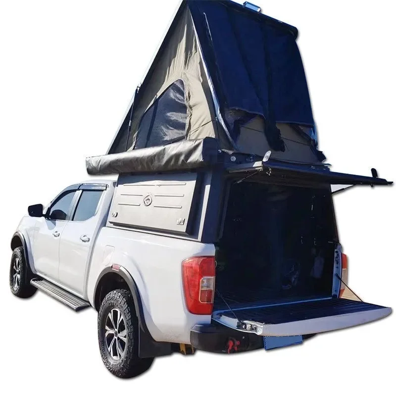 Pickup truck modification, RV living version, camping tent with sleeping tent on the back cover