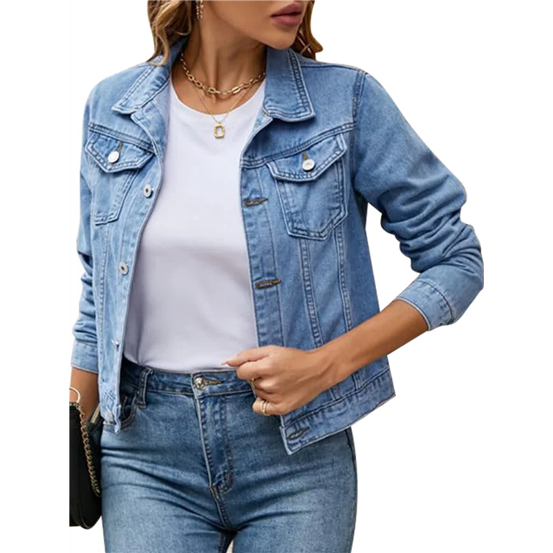 【RECOMMEND】سترات جين للنساء أساسية بأكمام طويلة وأزرار سفلية من قماش الدنيم سترة جينز عصرية مقصوصة #1