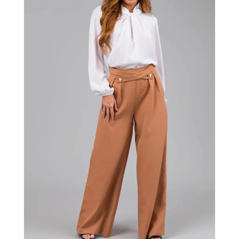 

Straight Pants Cross-button Design Trousers High Waist Wide Leg Women's Pants with Deep Crotch Soft Breathable Fabric for Ladies