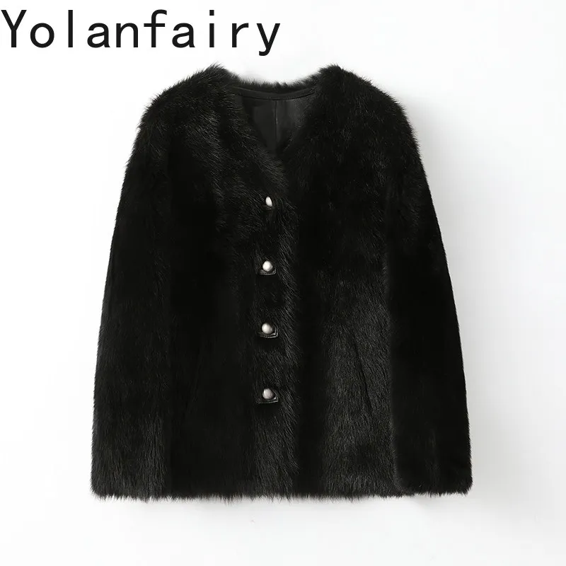 YOLANFAIRY High-end Natural Fur Coat Women Winter V-neck Loose Real Sheep Shearling Jacket Young Style Genuine Leather Fur Coats