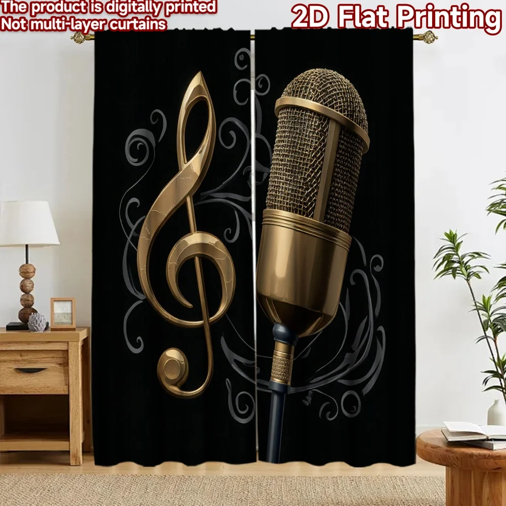 2D flat 2pcs Curtain Retro Country Style Curtains Golden Microphone and Treble Clef Digitally printed polyester, colorfast Party