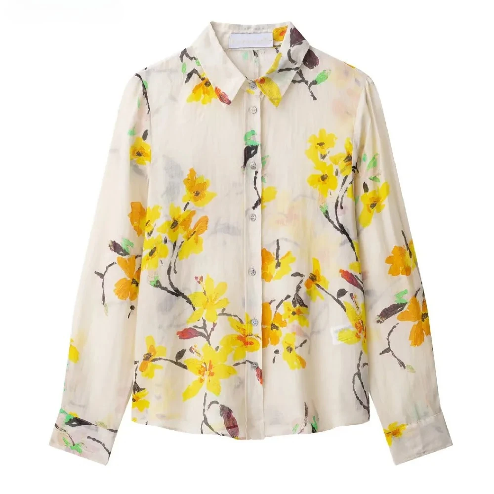 

2025 шикарная льняная рубашка с абрикосовым цветочным принтом и лацканами, женские однобортные блузки с длинными рукавами и пуговицами, топы OL