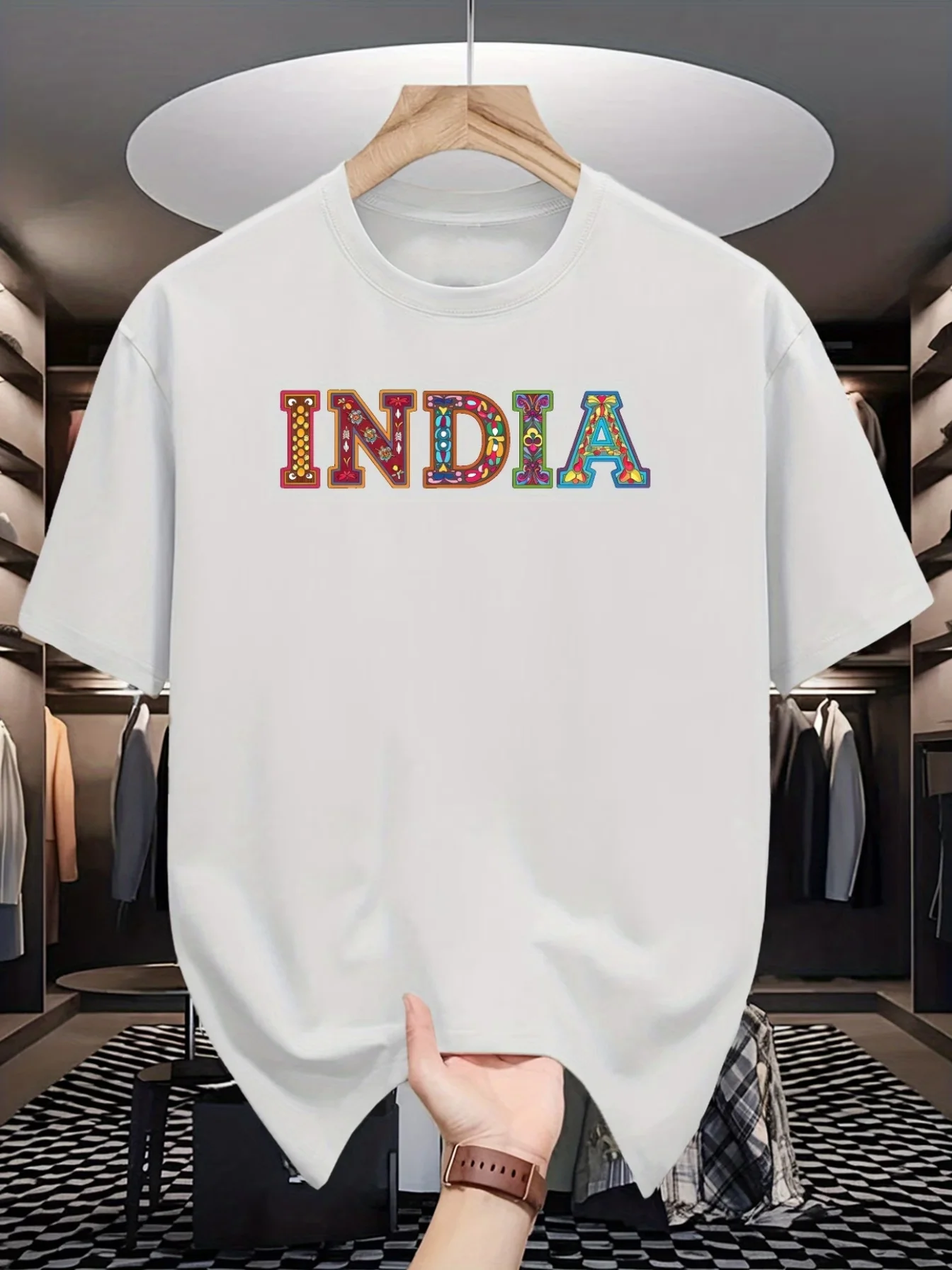 Men's Summer Short Sleeve T-shirt in Indian Letter Print, Fashion Trend Print T-shirt Summer Round Neck Casual Jacket