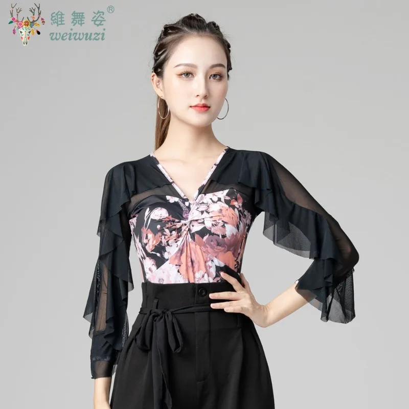 

Womens Dresses Dancewear Women Top National Standard New Fashion Printing Ruffle Latin Shirt Square Dance Performance Clothing