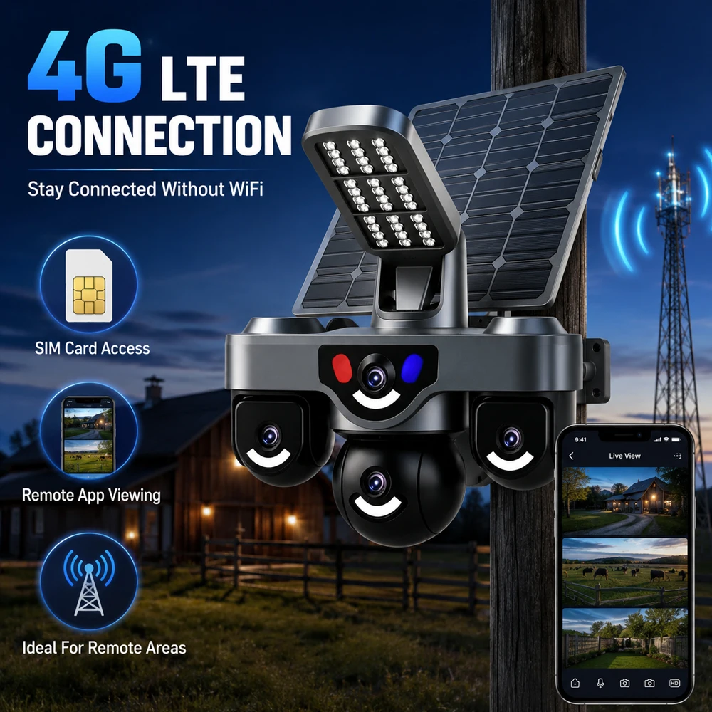 15MP HD AOV Solar Camera With Solar Lighting 3 Lens PTZ 10X Zoom Outdoor 4G Sim Card Solar Security Cameras V380 Pro