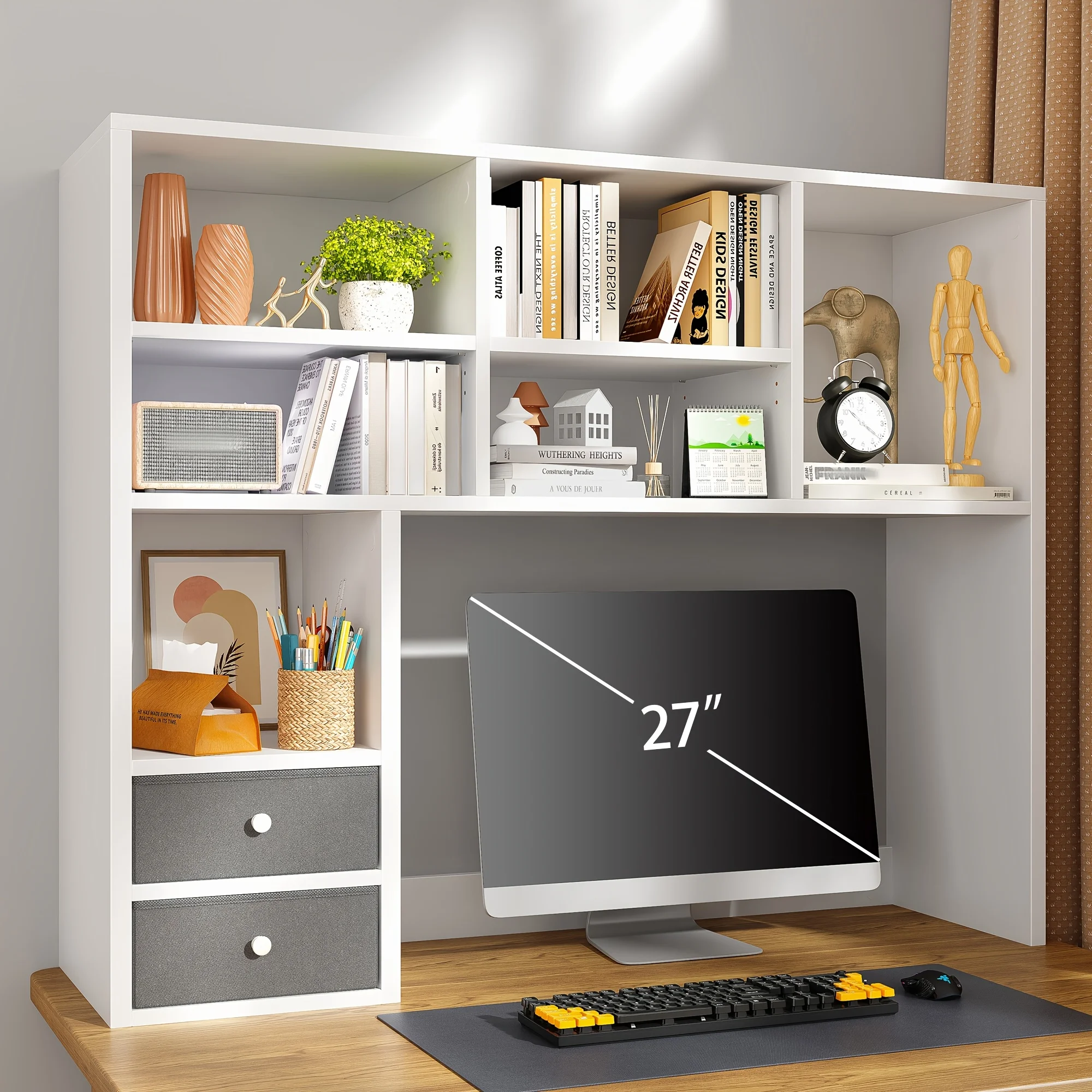 Desktop Office Storage Bookshelf, Adjustable Desktop Storage Shelf Shelf Shelf, Large Capacity Desktop Computer Desk Organizer with 7 Compartments And 2 Drawers, Wooden Display Rack, Suitable for Offices, Home Study Rooms, And Dormitories