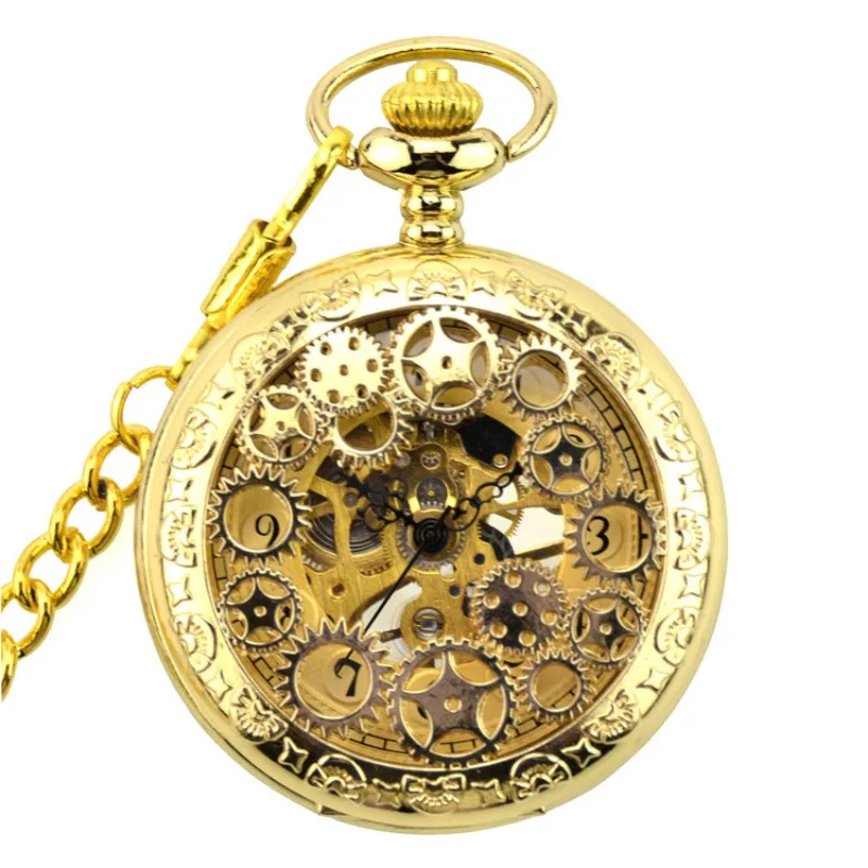 Luxury Golden Gear Skeleton Hollow Case Vintage Style Arabic Numerals Dial Mechanical Pocket Watch with Fob Chain Best Xmas Gift