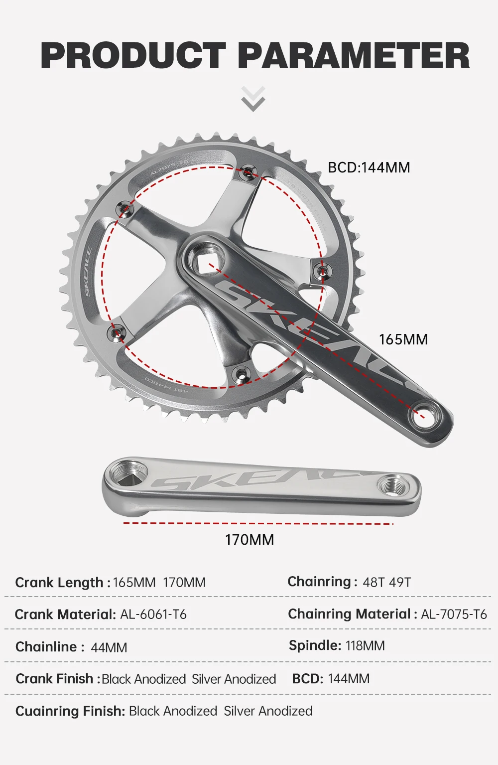 SKEACE BMX Kurbelgarnitur 48T Aluminiumlegierung Fixed Gear Kurbel 144BCD Single Speed Fix Gear 165mm Fahrrad Fahrrad Kettenblatt BMX Kurbel – Detail 2