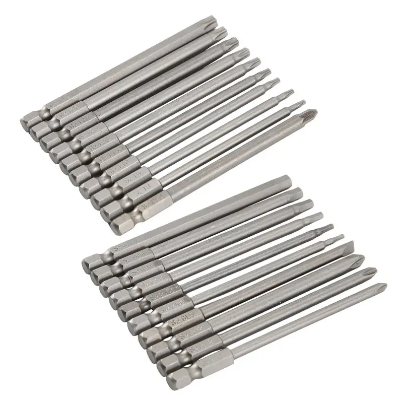 [NEWA08R】 Bit Set Long, Magnetic Bit Set 20 Pcs 100Mm, Torx Bit T8-T40, Hex Bit H2-H6, PH1 PH2, PZ2, Slotted Bit, 1/4Inch Hexago