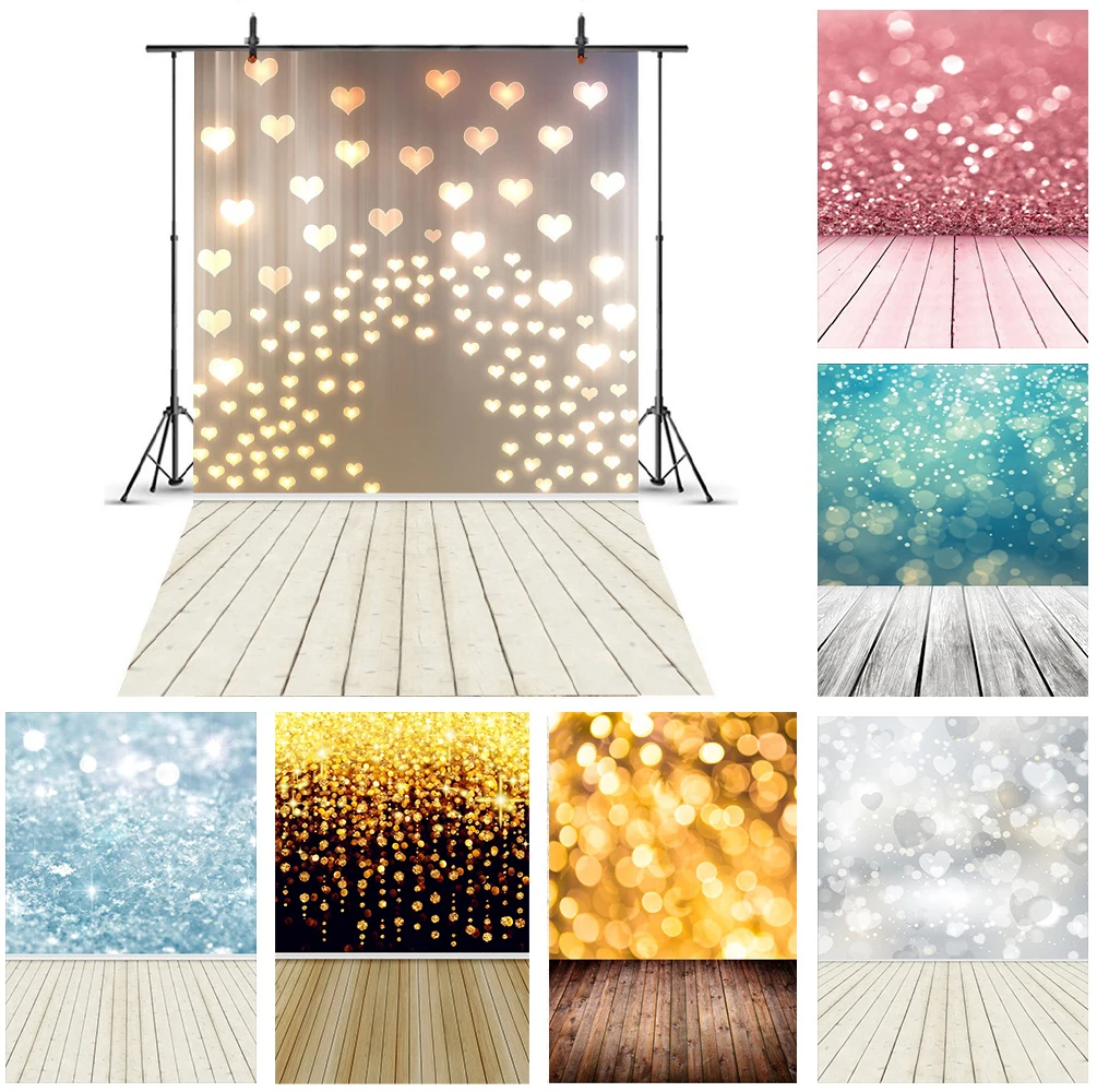 Laeacco Dreamy Light Bokeh Glitter Love Heart Wood Floor Photography Backdrop Baby Newborn Portrait Photo Background