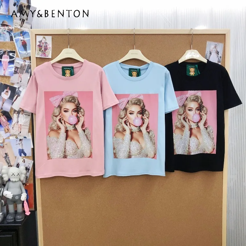 

2026 Summer New Korean Style Tees Fashion Age-Reducing Top Women's Character Print Heavy Rhinestone Loose Short Sleeved T-shirts