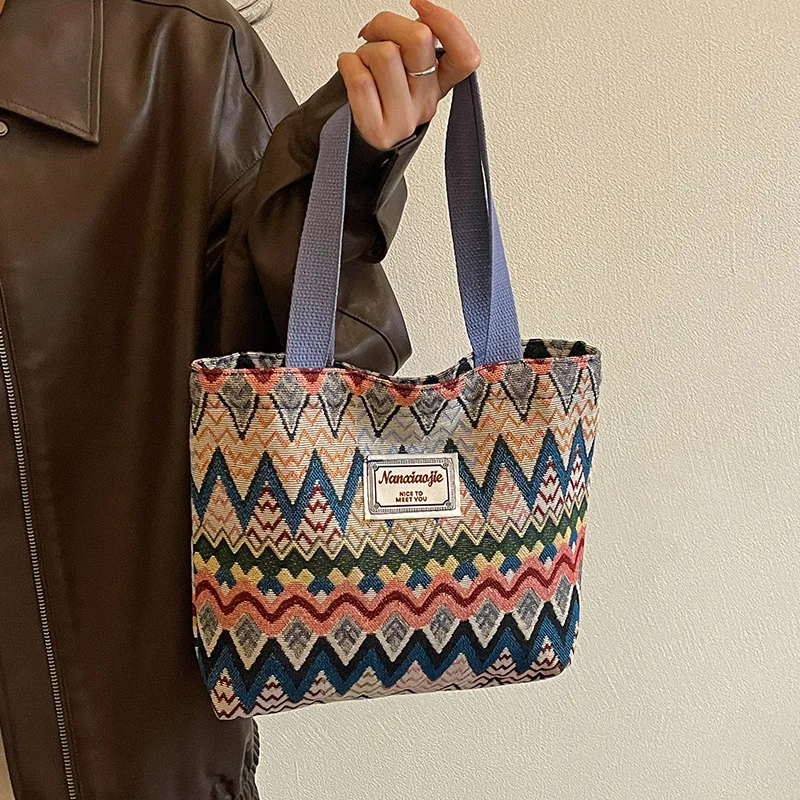 Bohemian Ethno-Stil Geometrischer Druck Canvas-Umhängetasche, Bunte Zickzack-Muster-Handtasche für Damen, Leichte Pendler-Tragetasche – Detail 13