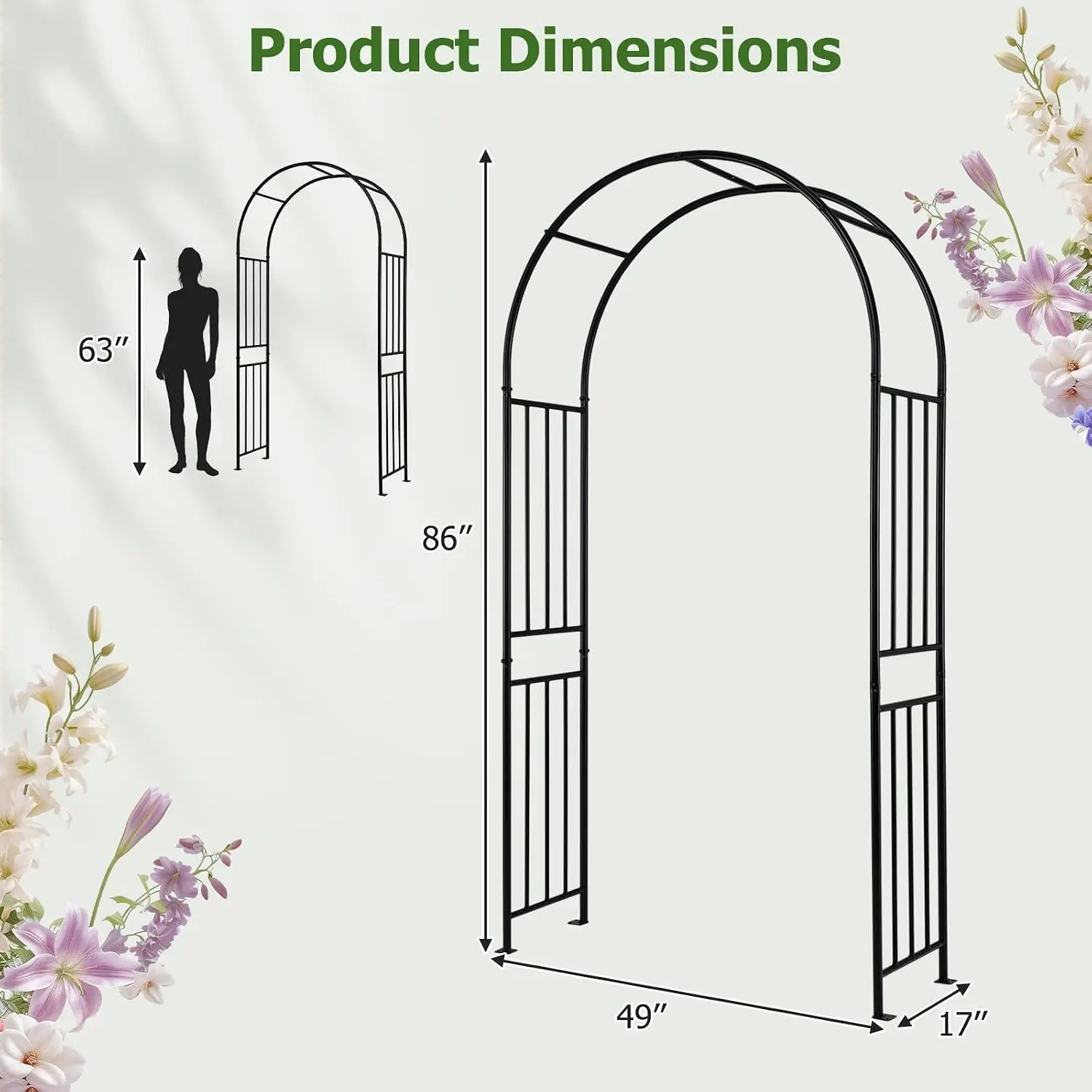 Moccha Garden Arch Arbor Trellis, 7.2Ft Outdoor Steel Arbor with Stakes, Metal Archway for Climbing Plants, Wide, Customized