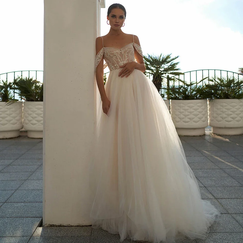 

Customized Sexy Wedding Dresses Spaghetti Straps Off The Shoulder Sweep Train High Quality Tulle For Women New Fashion Bri